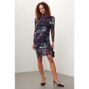 BOSS Eniza Dress (Black Purple Printed Mesh Midi) - Size Medium